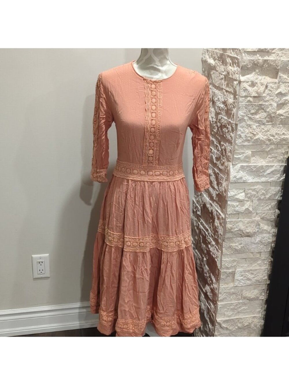 Maple & Cliff blush prairie style dress with crochet lace trim